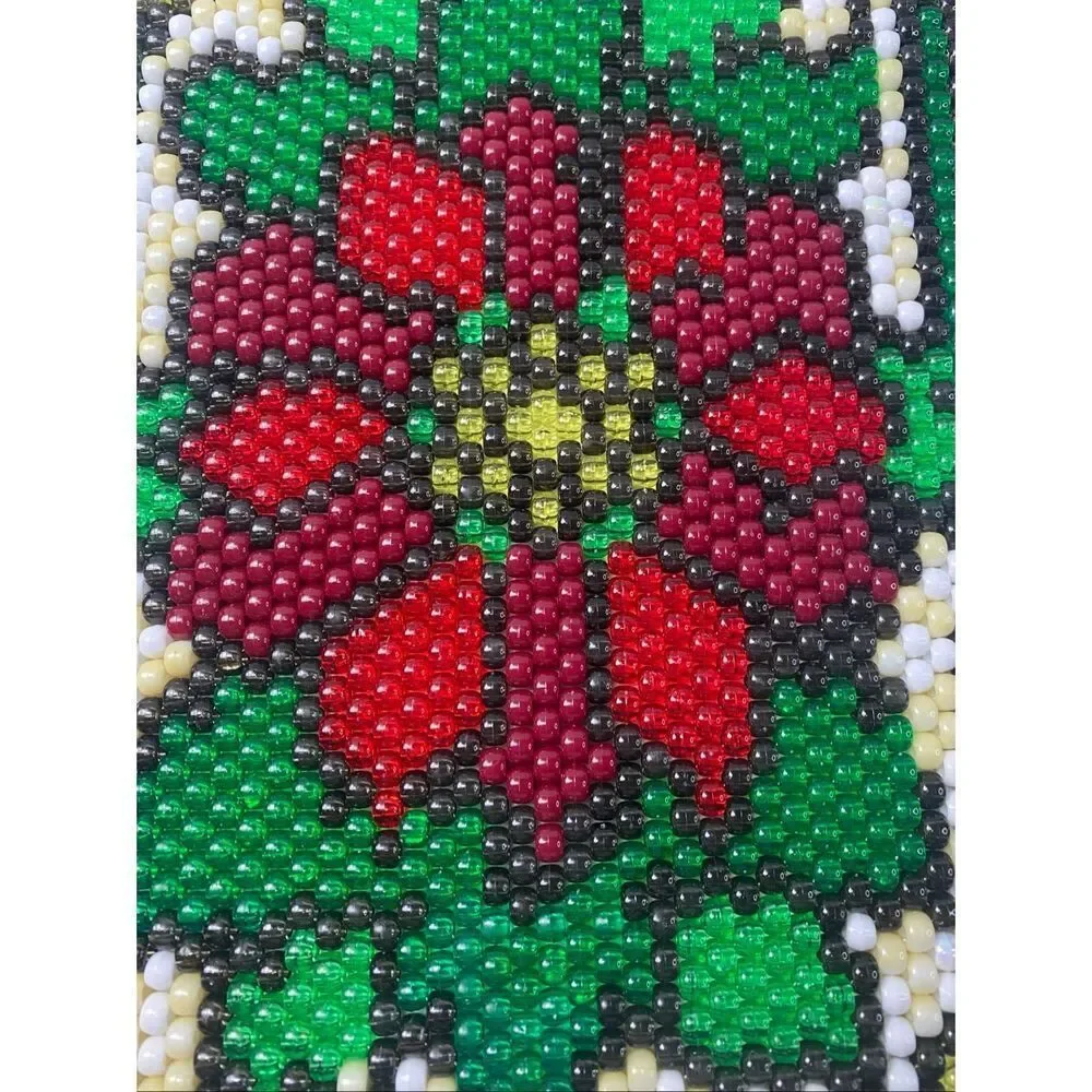 Beaded Floral Wall Hanging Tapestry Boho Folk Art Decor 10x15